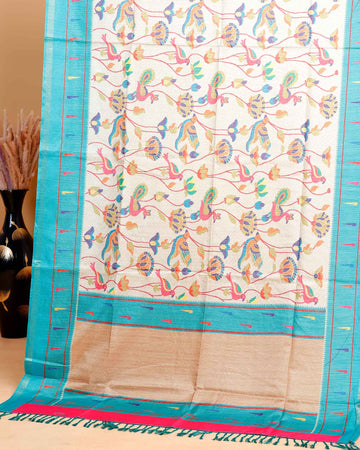 Traditional Kota Cotton Saree with Intricate Floral and Paisley Weaving and Contrast Woven Border - Sandal