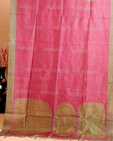 Handcrafted Kantha Cotton Saree with Contrast Patch Design and Intricate Stitch Embroidery - Pink