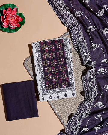 Women's Floral Printed Cotton Salwar Material with Plain Bottom and Traditional Border Dupatta - White