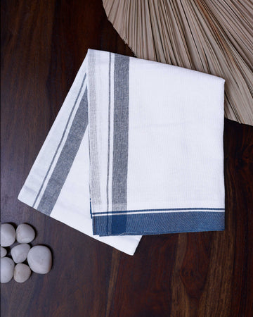 Men's Handloom Cotton Dhoti with Striped Pattern and Multi Border - White