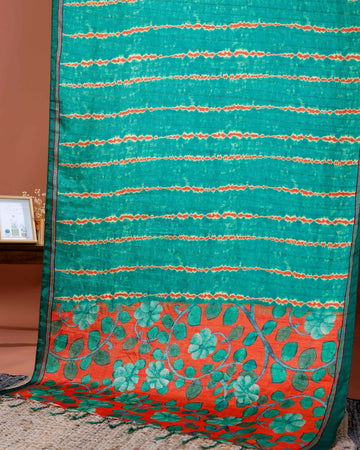 Elegant Semi Tussar Silk Saree with Intricate Nature-Inspired Patterns and Textured Stripes - Green