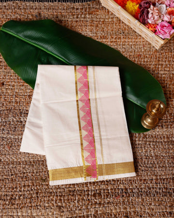 Traditional Handwoven Cotton Dhoti with Gold Color Border and Elegant Finish - Off White