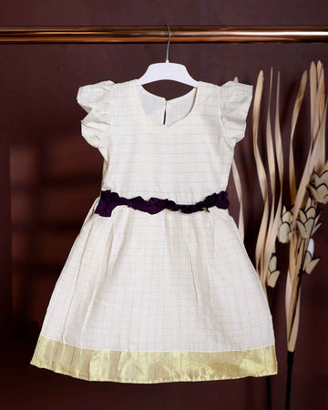 Elegant Girl's Frock with Checkered Weave and Pleated Skirt - Cream