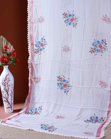 Elegant Georgette Saree with Delicate Floral Prints and Graceful Lace Border Detailing - Cream
