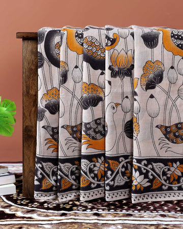 Traditional Kalamkari Cotton Saree with Traditional Bird & Lotus Motif Print - Cream