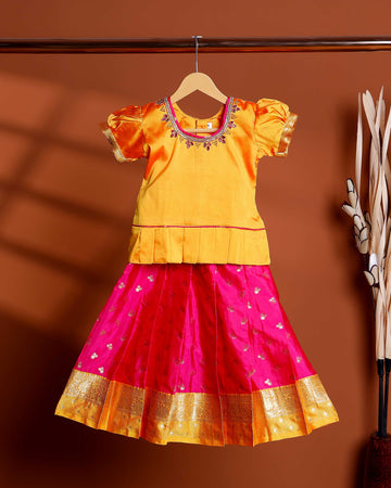 Classic Kids Readymade Pattu Pavadai with Contrast Blouse and Zari Woven Skirt - Yellow