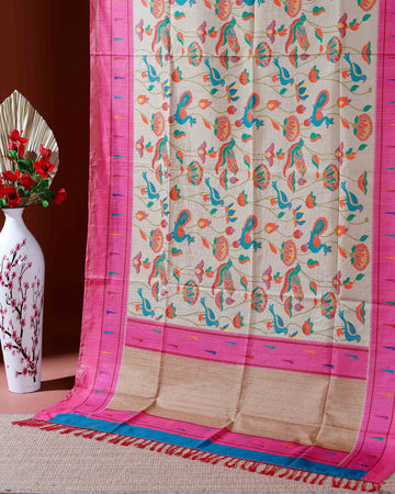 Traditional Kota Cotton Saree with Intricate Floral and Paisley Weaving and Contrast Woven Border - Sandal
