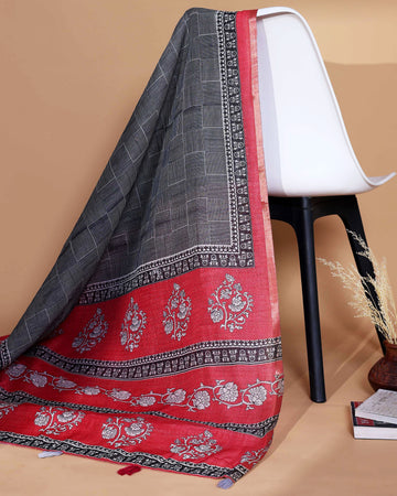 Elegant Grey and Red Linen Saree with Checked Body, Intricate Floral Motifs and Contrast Woven Border