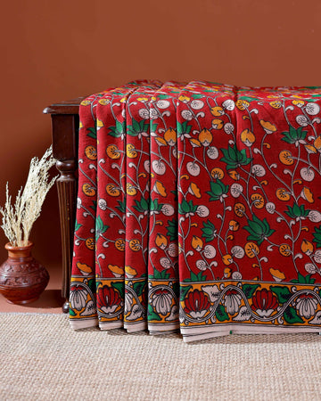 Traditional Handloom Kalamkari Cotton Saree with Intricate Floral and Avian Motifs - Red