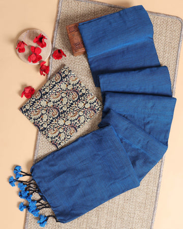 Handwoven Khadi Cotton Saree with Contrast Printed Blouse and Tassel Accents - Blue