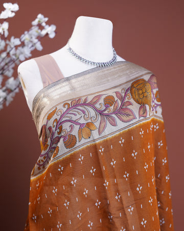 Semi Chanderi Kalamkari Saree with Floral Hand-Painted Border and Buti Weave - Brown