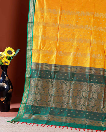 Handloom Kalyani Cotton Saree with Intricate Zari Border and All-Over Butta Design - Yellow