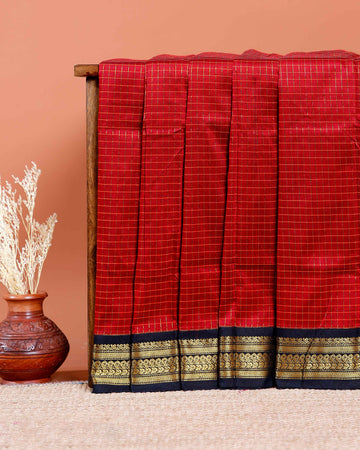 Traditional Kalyani Cotton Saree with All-Over Checks and Ornate Zari Pallu and Border - Red