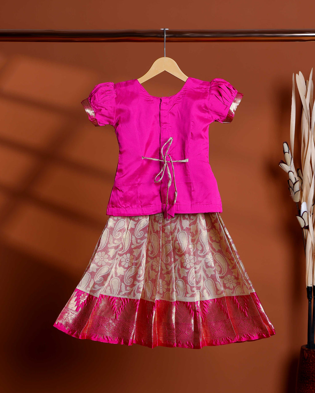 Classic Kids Readymade Pattu Pavadai with Contrast Blouse and Zari Woven Skirt - Pink