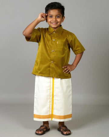 Traditional Kids Shirt and Dhoti Set - Olive Green