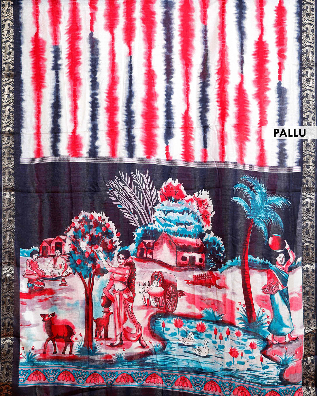 Elegant Red shades and the rural scenic artwork Dola Saree