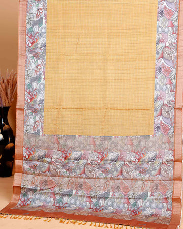 Elegant Semi Cotton Saree with Subtle Checkered Weave and Artistic Floral Patterned Border - Mustard
