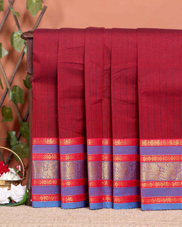 Traditional Chettinad Cotton Saree with Contrast Border and Grid Pattern - Maroon