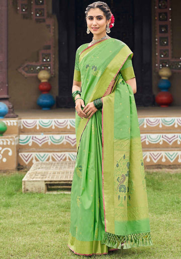 Ethnic Thread Design Soft Silk Saree - Green