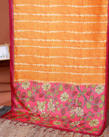 Elegant Semi Tussar Silk Saree with Intricate Floral Patterns and Textured Stripes - Orange
