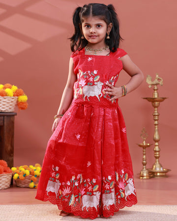 Traditional Kids Pattu Pavadai Readymade for Girls with Floral Embroidery - Red
