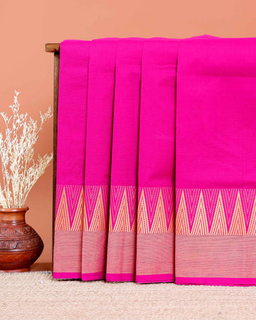 Traditional Chettinad Cotton Saree with Temple Border - Pink