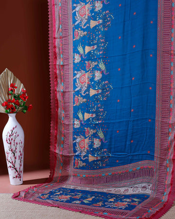 Designer Georgette Saree with Royal Procession Print and Intricately Woven Traditional Border - Blue