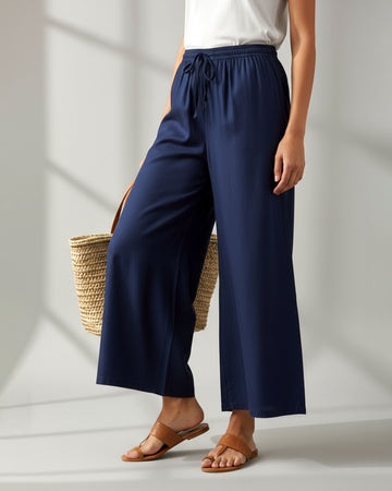 Elegant High-Waist Flared Palazzo Pant - Navy Blue