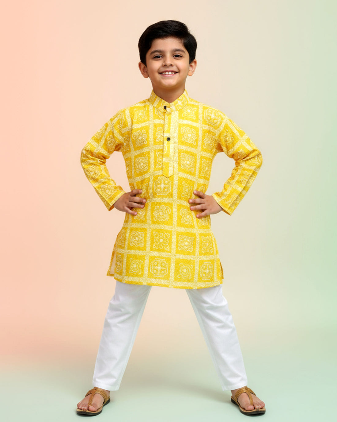 Boys Festive Yellow & Gold Brocade Kurta Set with Traditional Mughal Motif Pattern
