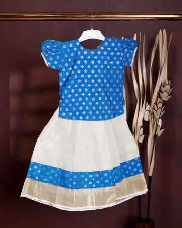 Kids Readymade Pattu Pavadai Set with Traditional Motifs - Blue