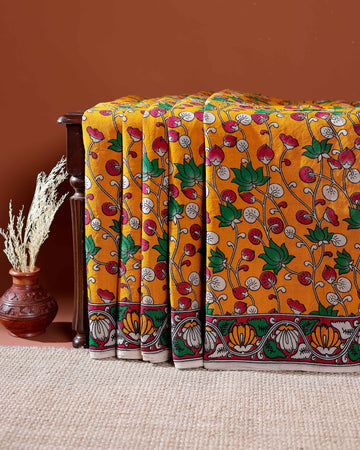 Traditional Handloom Kalamkari Cotton Saree with Intricate Floral and Avian Motifs - Yellow