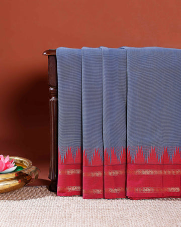 Chettinad Handloom Cotton Saree with Traditional Temple Border and Striped Body - Grey