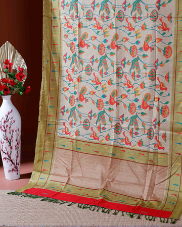 Traditional Kota Cotton Saree with Intricate Floral and Paisley Weaving and Contrast Woven Border - Sandal