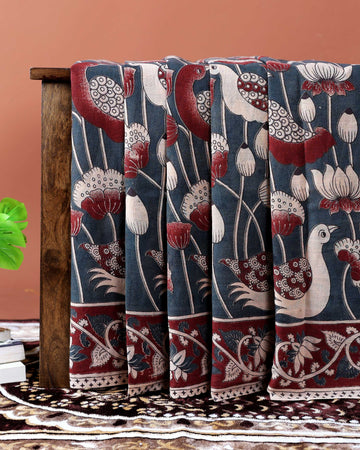 Traditional Kalamkari Cotton Saree with Traditional Bird and Lotus Motif - Grey