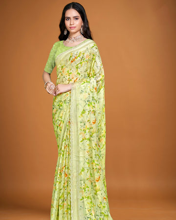 Elegant Floral Printed Fancy Saree - Green