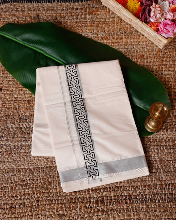 Traditional Handwoven Cotton Dhoti with Silver Color Border and Elegant Finish - Off White