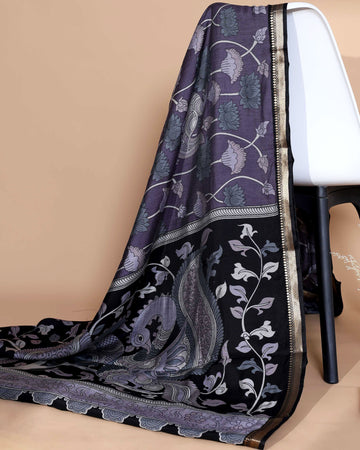 Elegant Semi Chanderi Saree with Traditional Kalamkari Handcrafted Motifs and Intricate Zari Border - purple