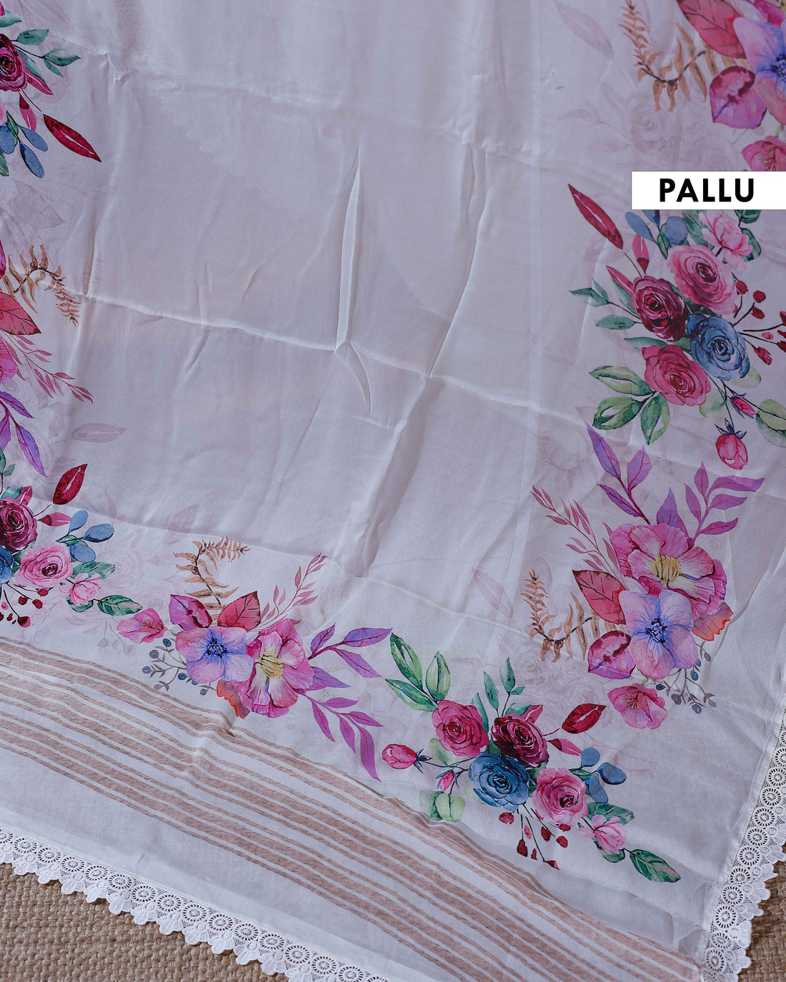 Elegant Georgette Saree with Vibrant Floral Border Prints and Delicate Lace Edging - Cream