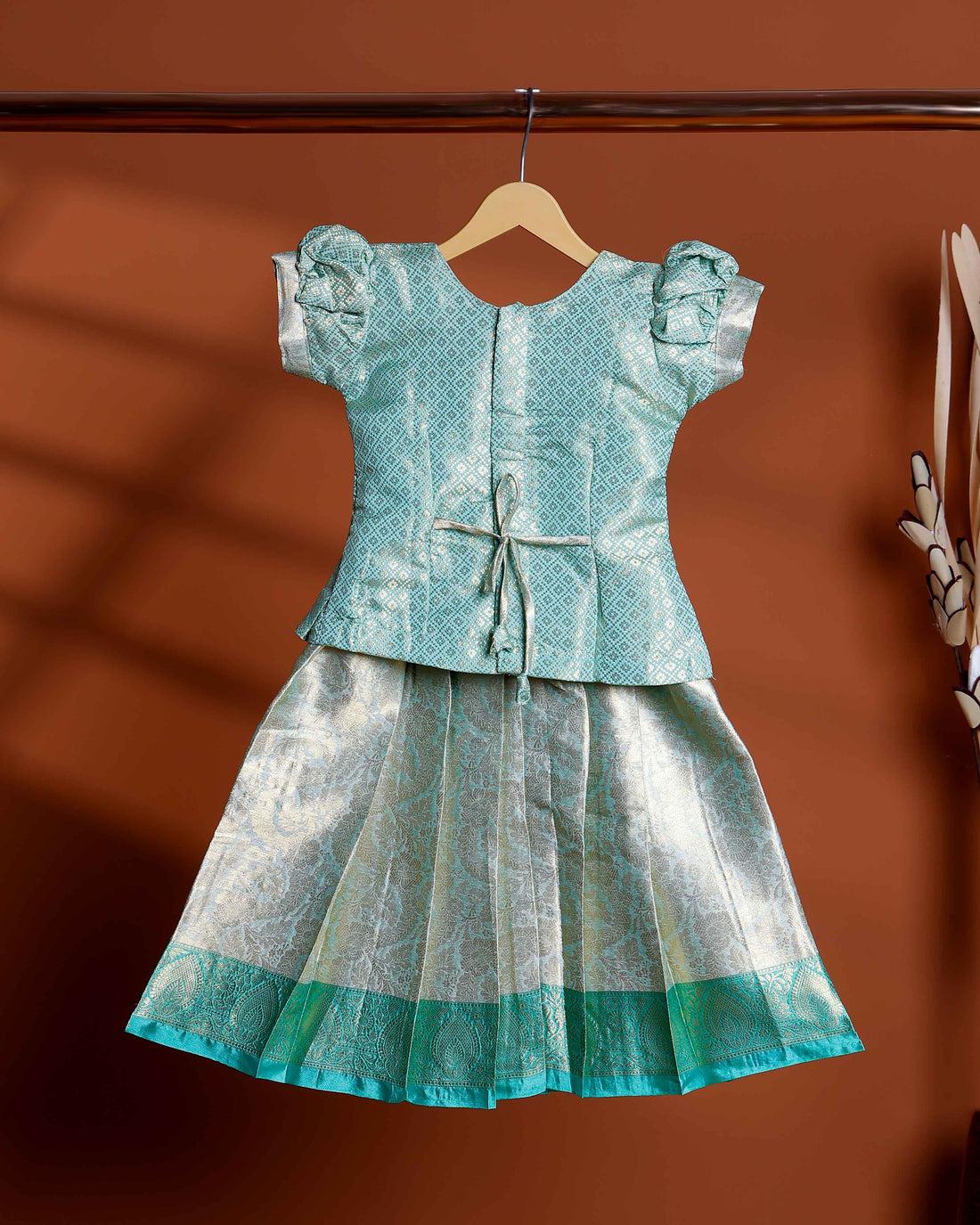 Elegant Woven Kids Readymade Pattu Pavadai with Brocade Blouse and Zari Border Skirt - Green