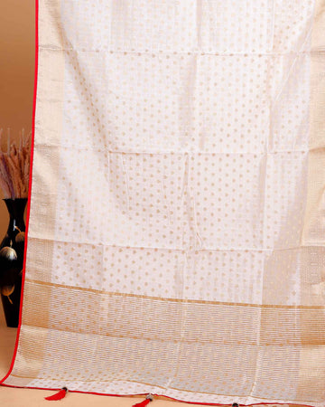 Off White   Art Silk Saree with Golden Zari & Buti Pattern Enhanced with Red Border