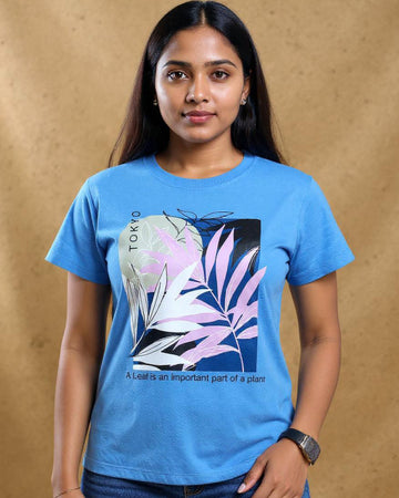 Leaf Print Women's T-Shirt - Blue