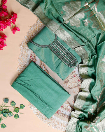 Women's Unstitched Salwar Material with Sequined Embroidery and Complementary Dupatta - Green