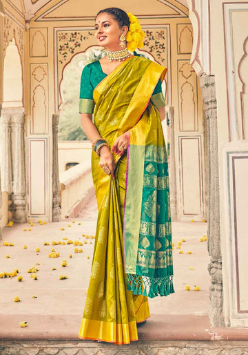 Ethnic Thread Design Tissue Saree - Yellow