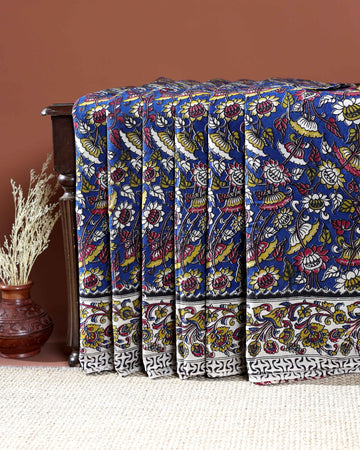 Traditional Handloom Kalamkari Cotton Saree with Intricate Floral and Avian Motifs - Navy Blue