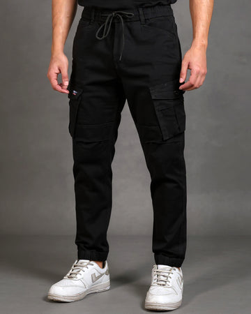 Men’s Tapered Fit Cargo Pant with Drawstring Waist and Multiple Utility Pockets  -  Black