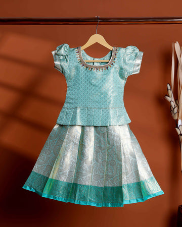 Elegant Woven Kids Readymade Pattu Pavadai with Brocade Blouse and Zari Border Skirt - Green