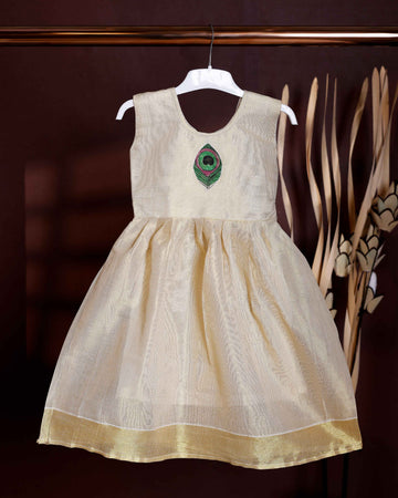 Cotton Sleeveless Kerala Style Girls Frock with Peacock Feather Embroidery - Cream