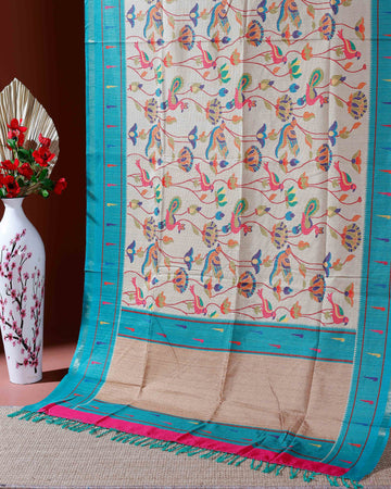 Traditional Kota Cotton Saree with Intricate Floral and Paisley Weaving and Contrast Woven Border - Sandal