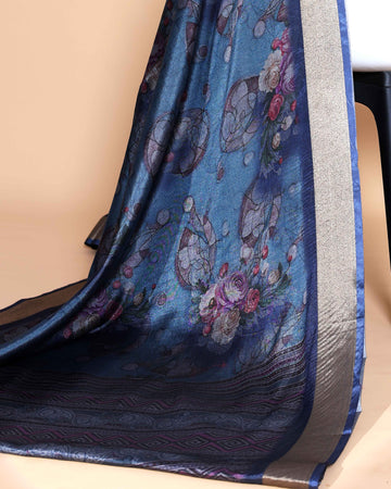 Blue Art Silk Saree with Intricate Floral and Geometric Weave Pattern