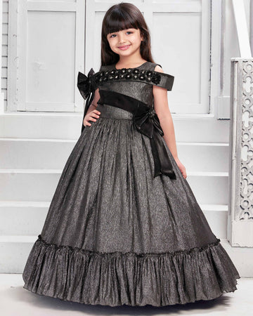 Grey Flower & Bow Applique Detailed Work Frock